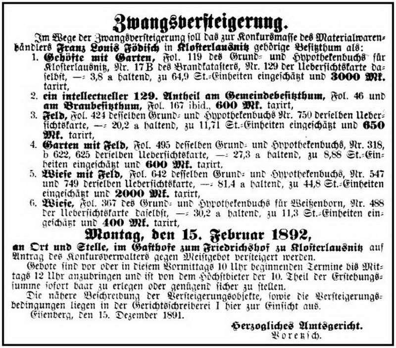 1892-02-18 Kl Zwangsversteigerung